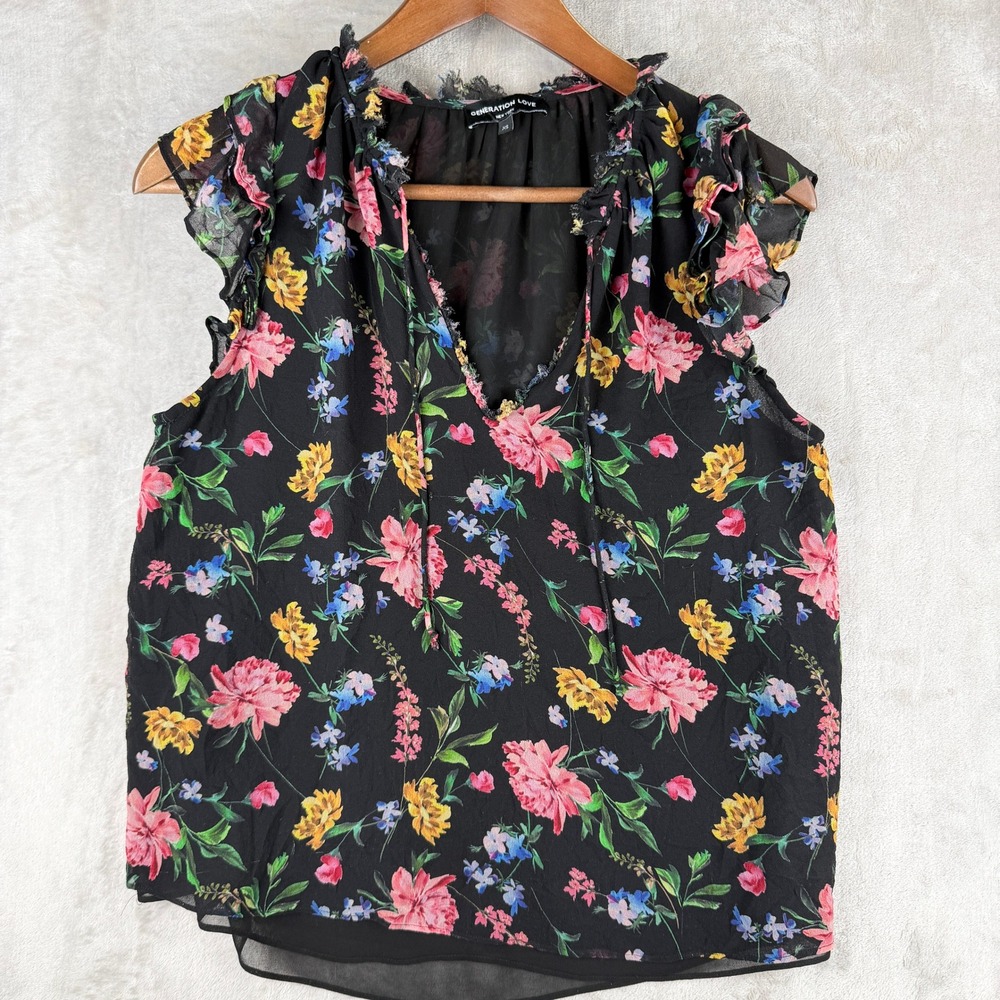 Generation Love Black Floral Ruffle Split Neck Chiffon Blouse Womens XS